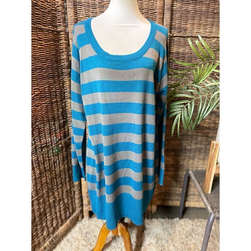 Extra Touch Teal Green/Blue Gray Striped Scoop Neck Long Sleeve Sweater/Dress 2X